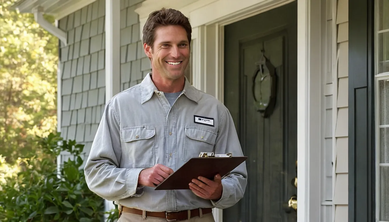 A friendly pest control provider talking with a homeowner at the front door of a home in Barnstable Town